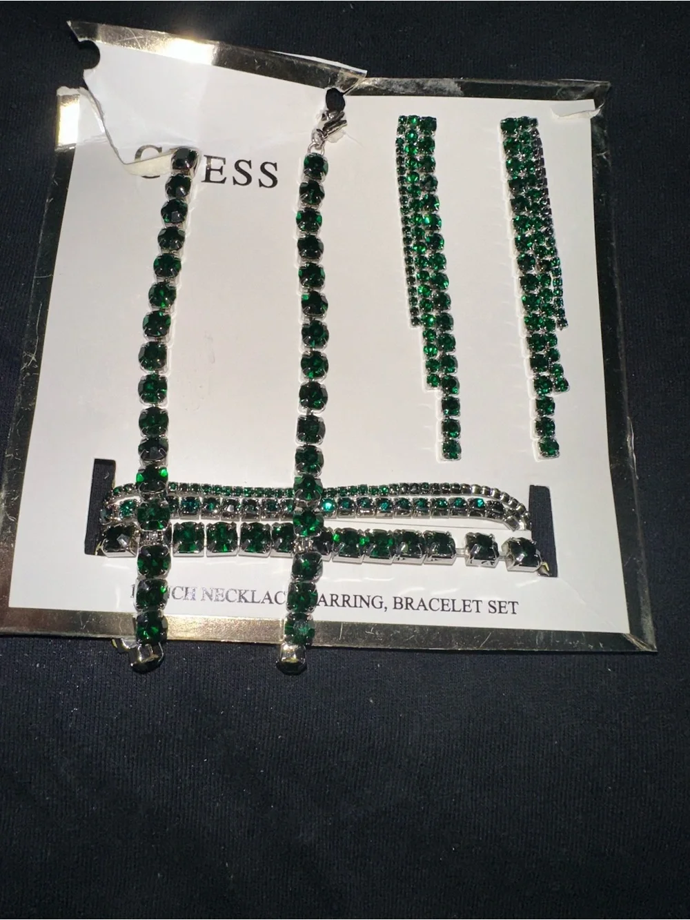 GUESS Green Crystal Bracelet, Necklace & Drop Earrings Set